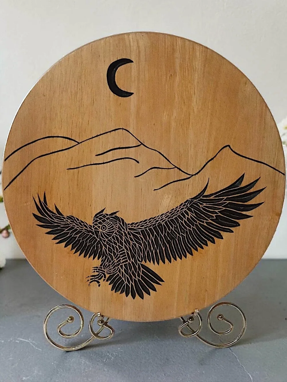 Hand Carved Owl Wooden Lazy Susan Turntable Serving Tray Rustic‎ Cabin Woodland
